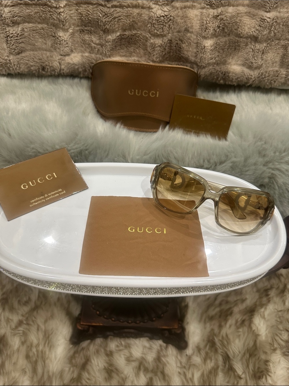 Gucci Women's Transparent Beige Sunglasses W/ Gold Bamboo horse bit Detail